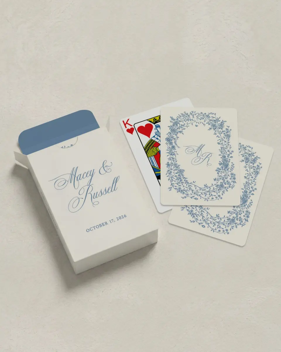 This is a 2.7" x 3.6" box; 2.5" x 3.5" card Wedding Playing Card called Vintage Reverie printed in full color with Silver foil