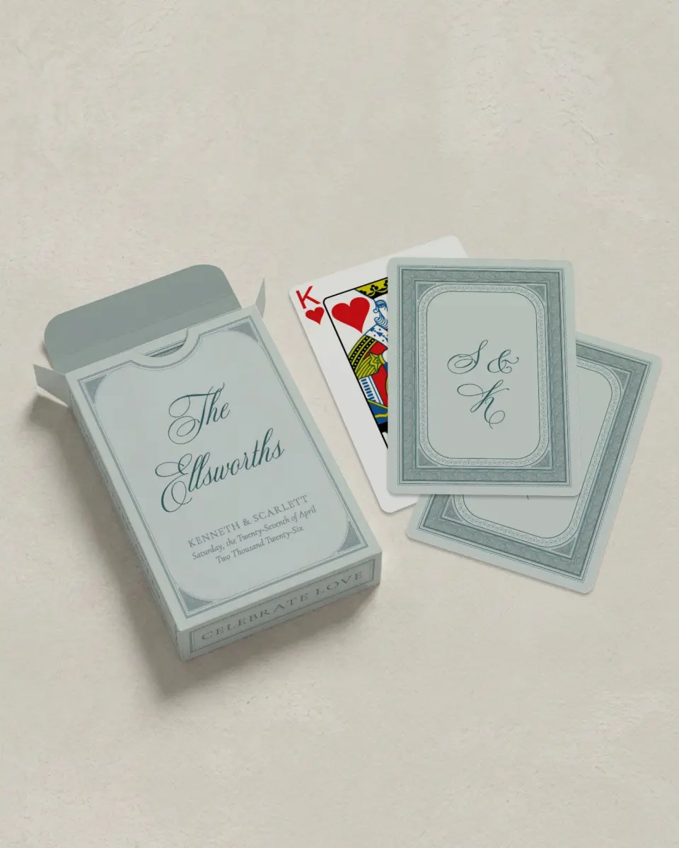 This is a 2.7" x 3.6" box; 2.5" x 3.5" card Wedding Playing Card called Delicate Vintage printed in full color with Silver foil