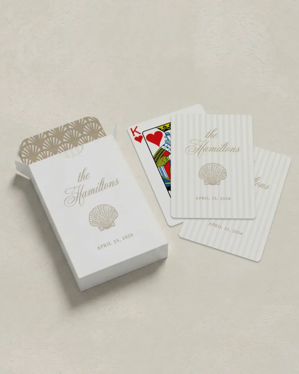 This is a 2.7" x 3.6" box; 2.5" x 3.5" card Wedding Playing Card called Elegant Shell printed in full color