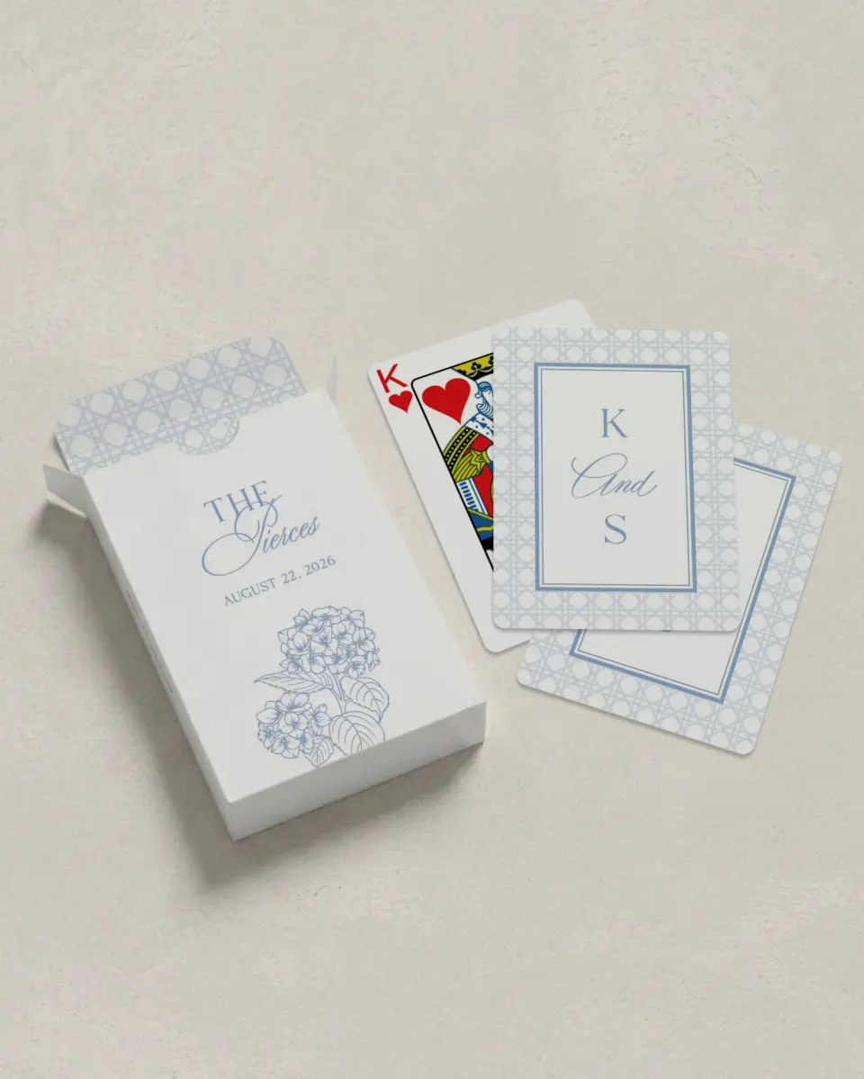 This is a 2.7" x 3.6" box; 2.5" x 3.5" card Wedding Playing Card called Woven Serenity printed in full color with Silver foil