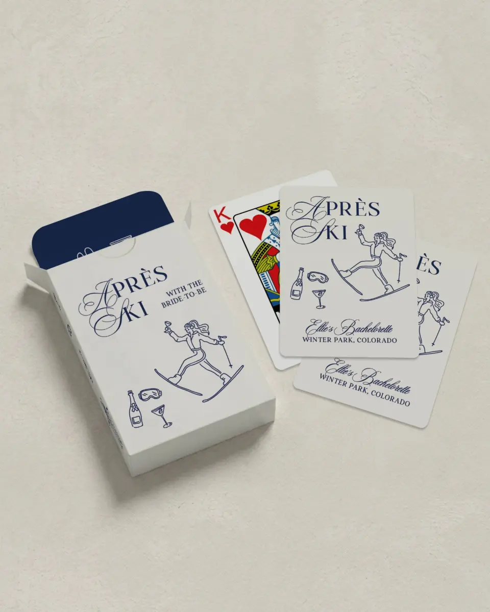 This is a 2.7" x 3.6" box; 2.5" x 3.5" card Wedding Playing Card called Aprés Ski printed in full color