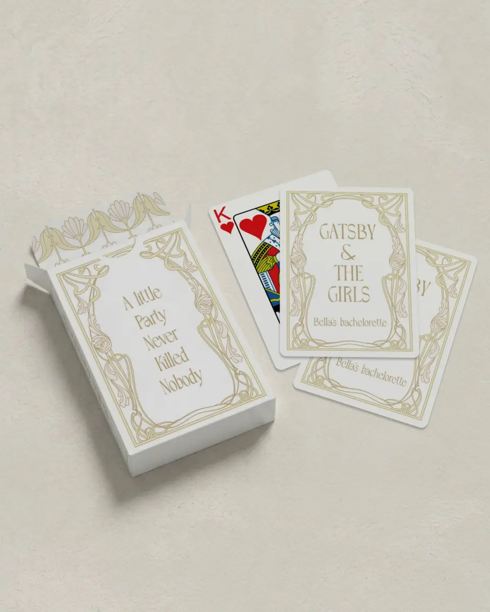 This is a 2.7" x 3.6" box; 2.5" x 3.5" card Wedding Playing Card called Gatsby and The Girls printed in full color