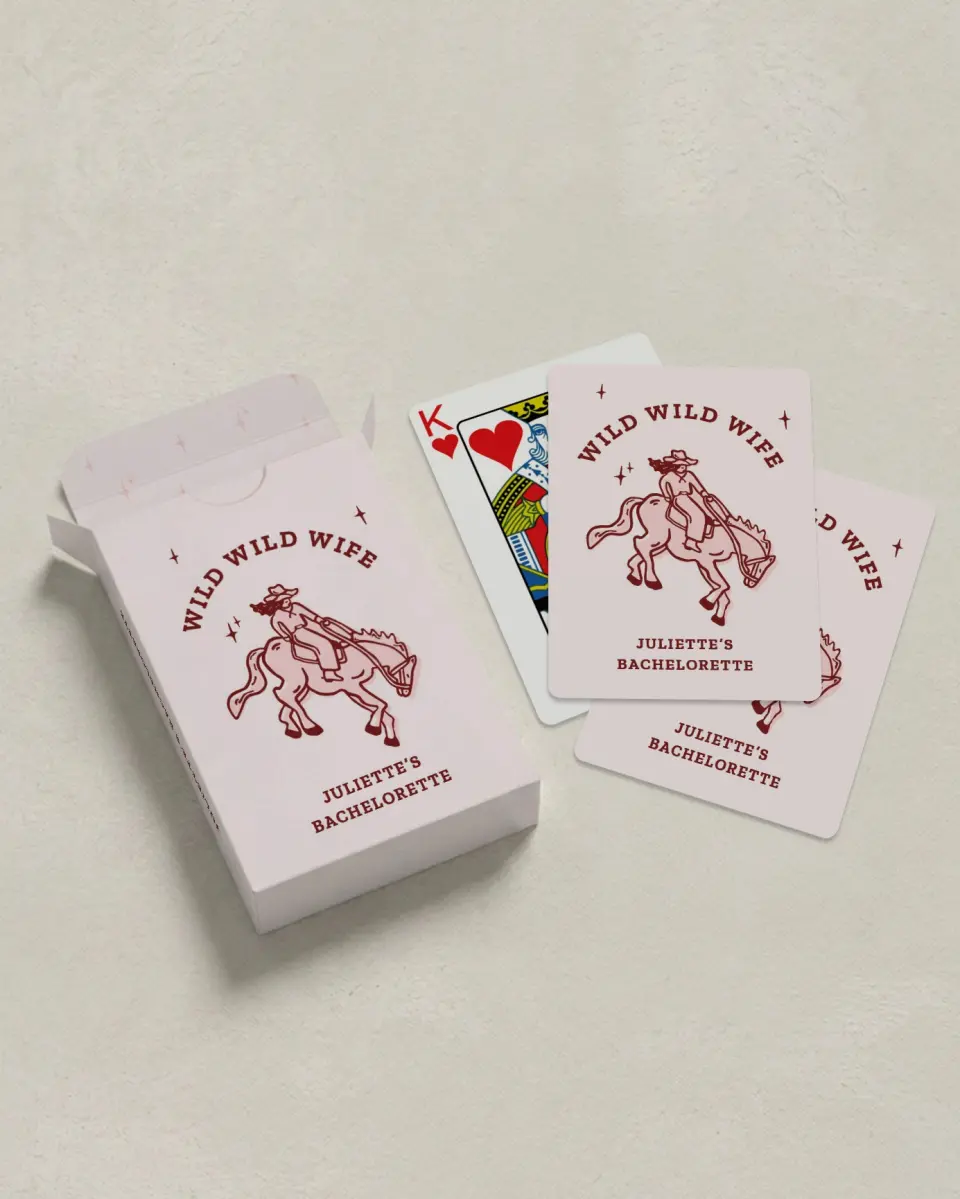 This is a 2.7" x 3.6" box; 2.5" x 3.5" card Wedding Playing Card called Wild Wild Wife printed in full color