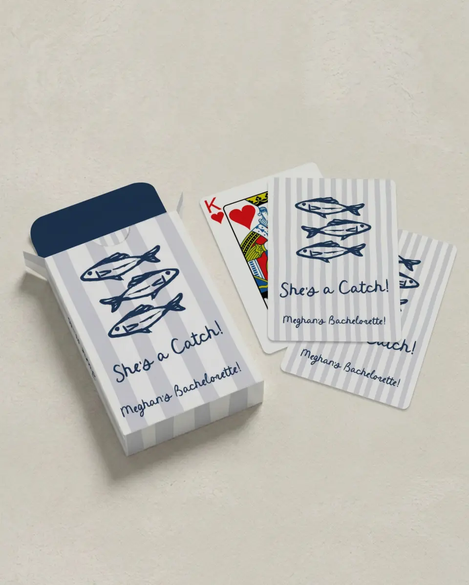 This is a 2.7" x 3.6" box; 2.5" x 3.5" card Wedding Playing Card called She's a Catch printed in full color