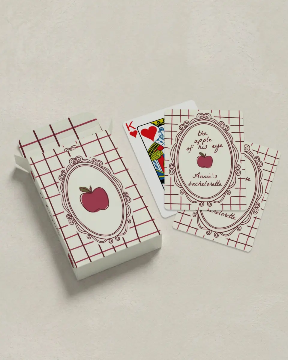 This is a 2.7" x 3.6" box; 2.5" x 3.5" card Wedding Playing Card called Apple of His Eye printed in full color