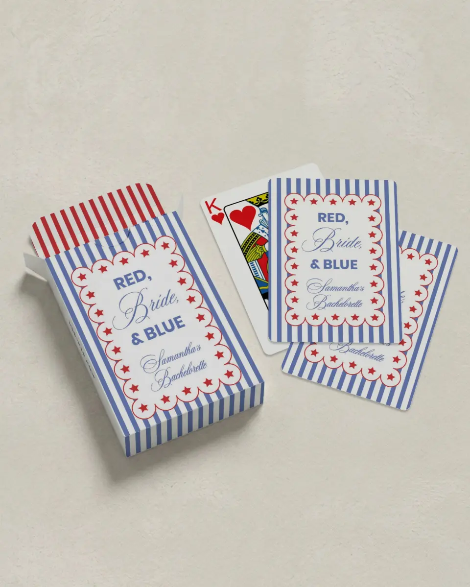 This is a 2.7" x 3.6" box; 2.5" x 3.5" card Wedding Playing Card called Red, Bride, and Blue printed in full color