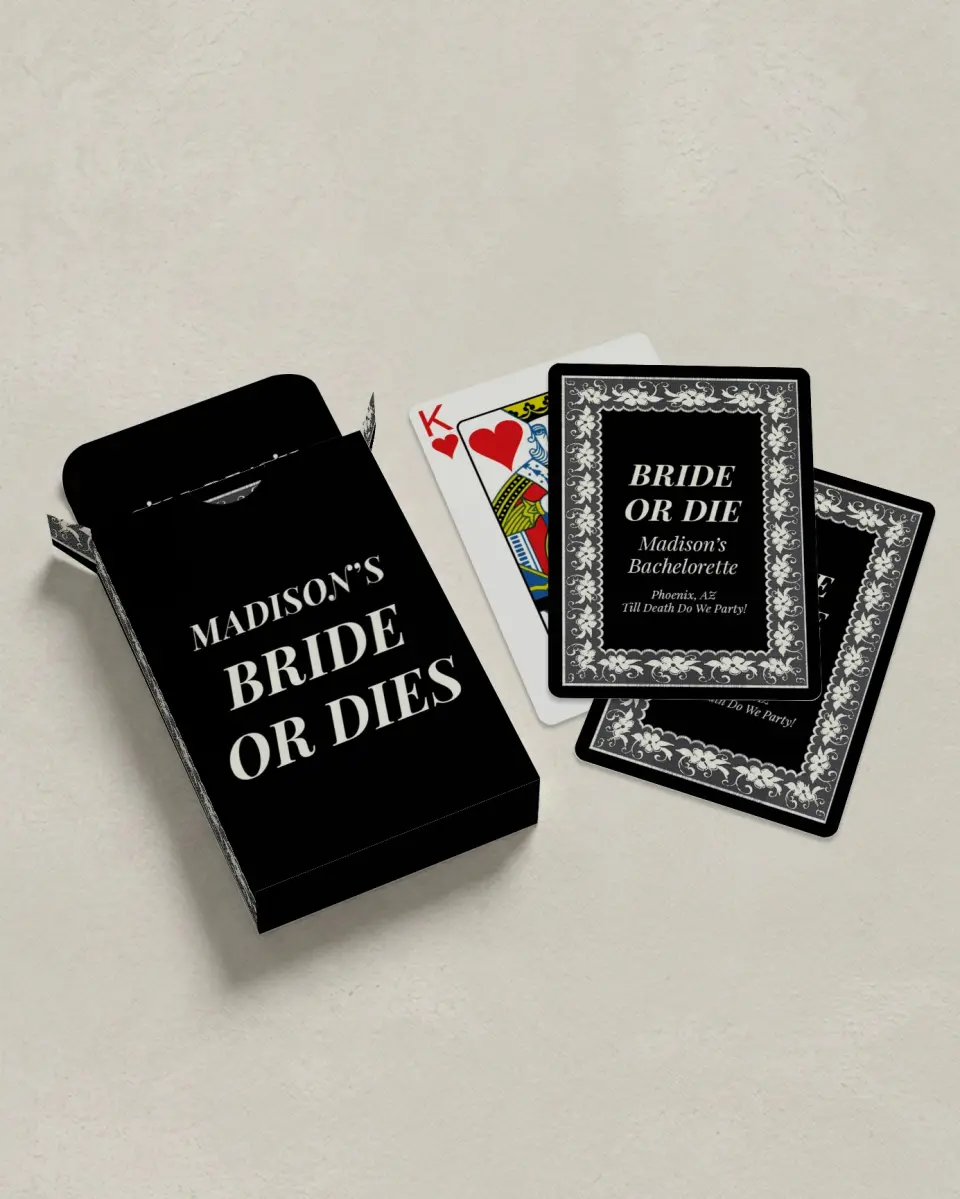 This is a 2.7" x 3.6" box; 2.5" x 3.5" card Wedding Playing Card called Bride or Die printed in full color