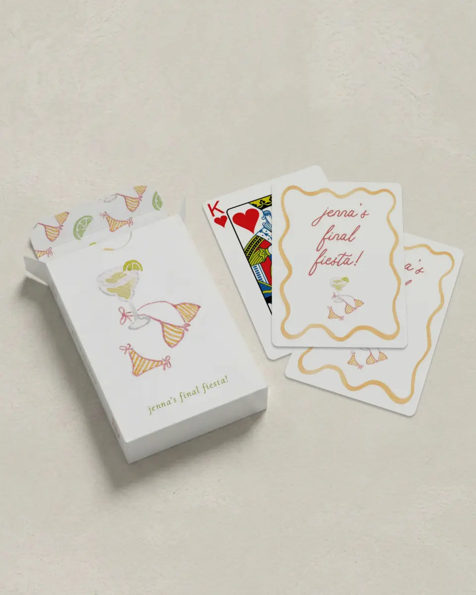 This is a 2.7" x 3.6" box; 2.5" x 3.5" card Wedding Playing Card called Bride's Last Fiesta printed in full color