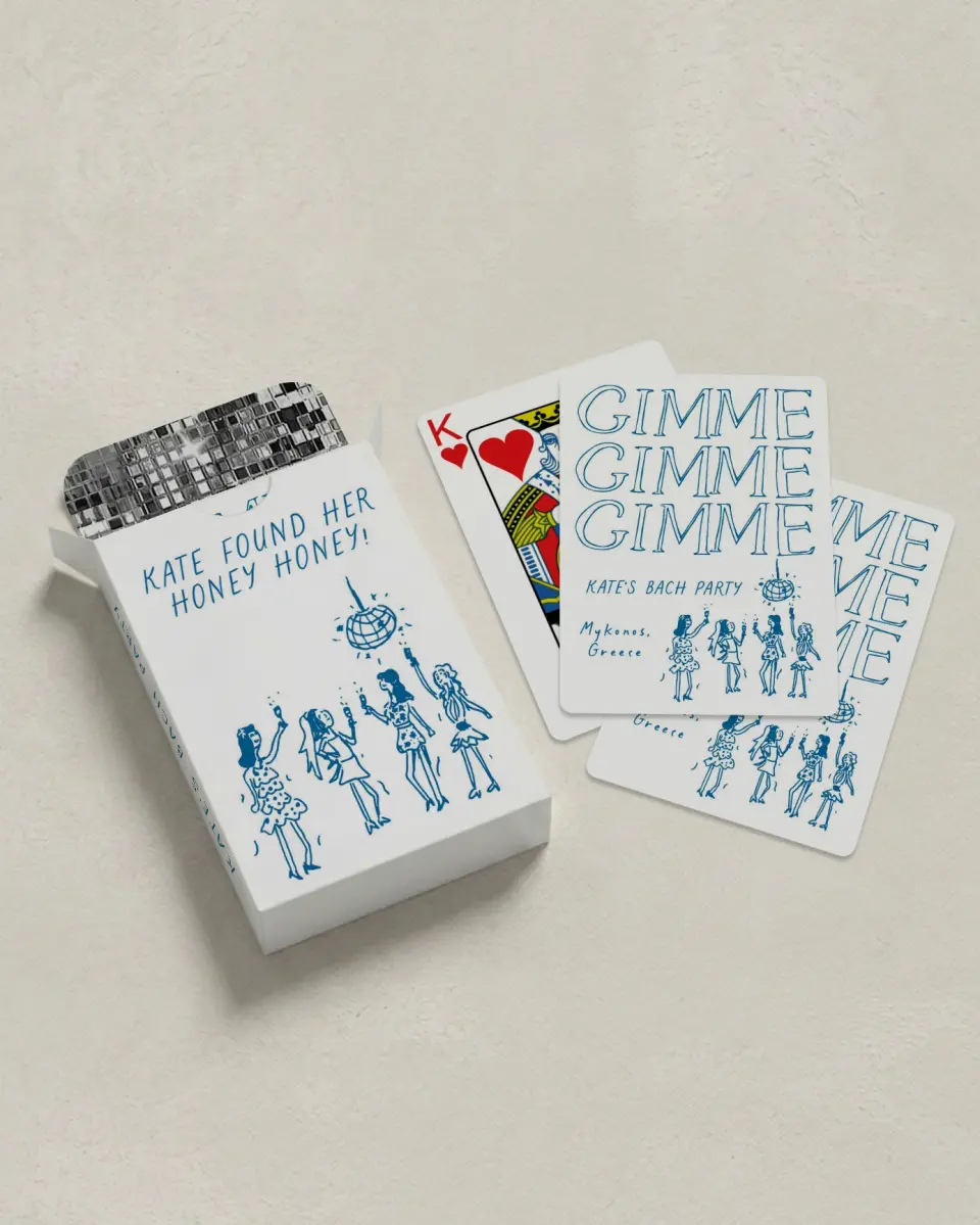 This is a 2.7" x 3.6" box; 2.5" x 3.5" card Wedding Playing Card called Gimme Gimme Gimme printed in full color