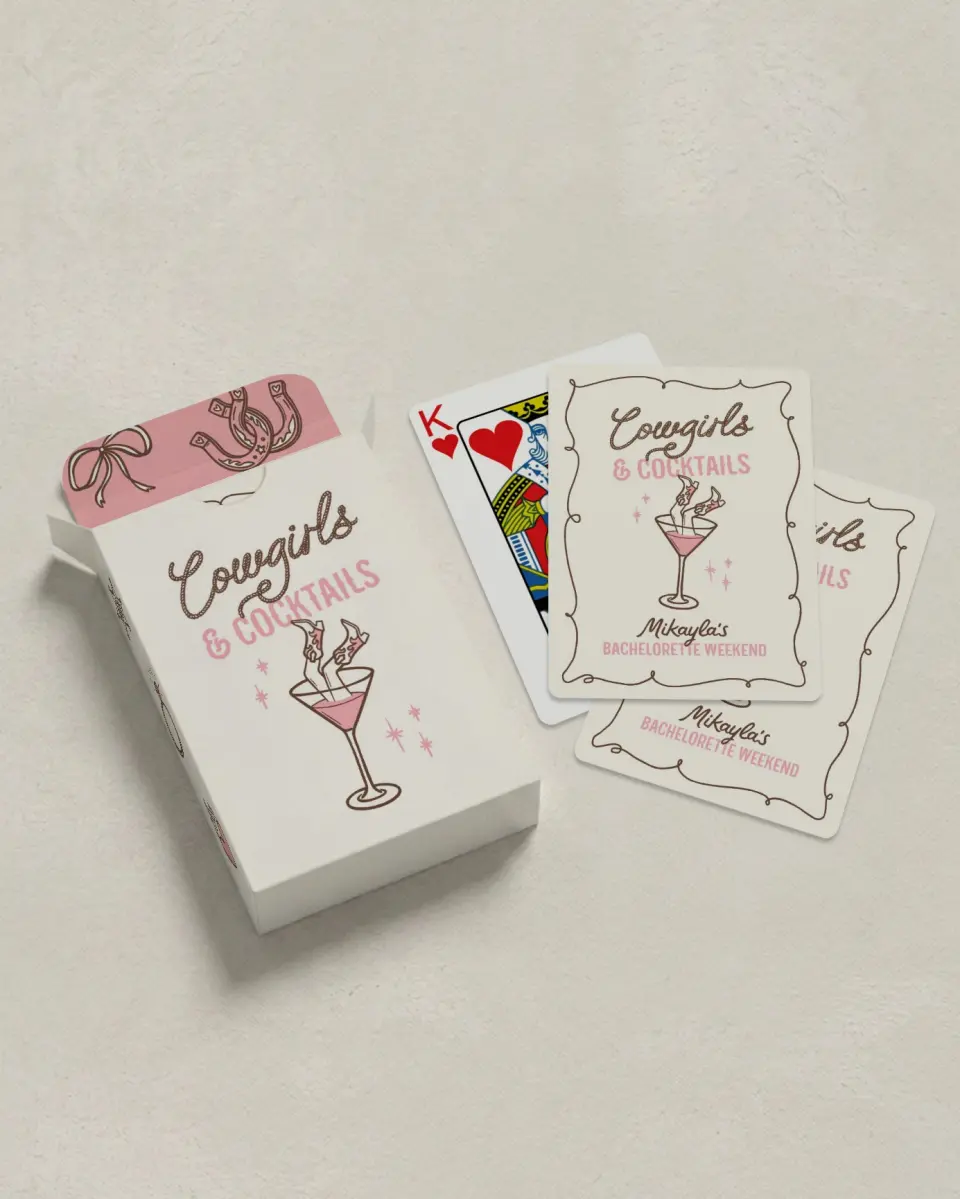 This is a 2.7" x 3.6" box; 2.5" x 3.5" card Wedding Playing Card called Cowgirls & Cocktails printed in full color