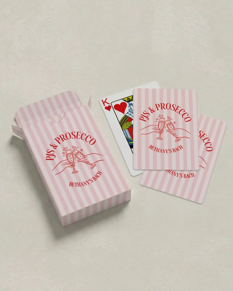 This is a 2.7" x 3.6" box; 2.5" x 3.5" card Wedding Playing Card called PJs & Prosecco printed in full color