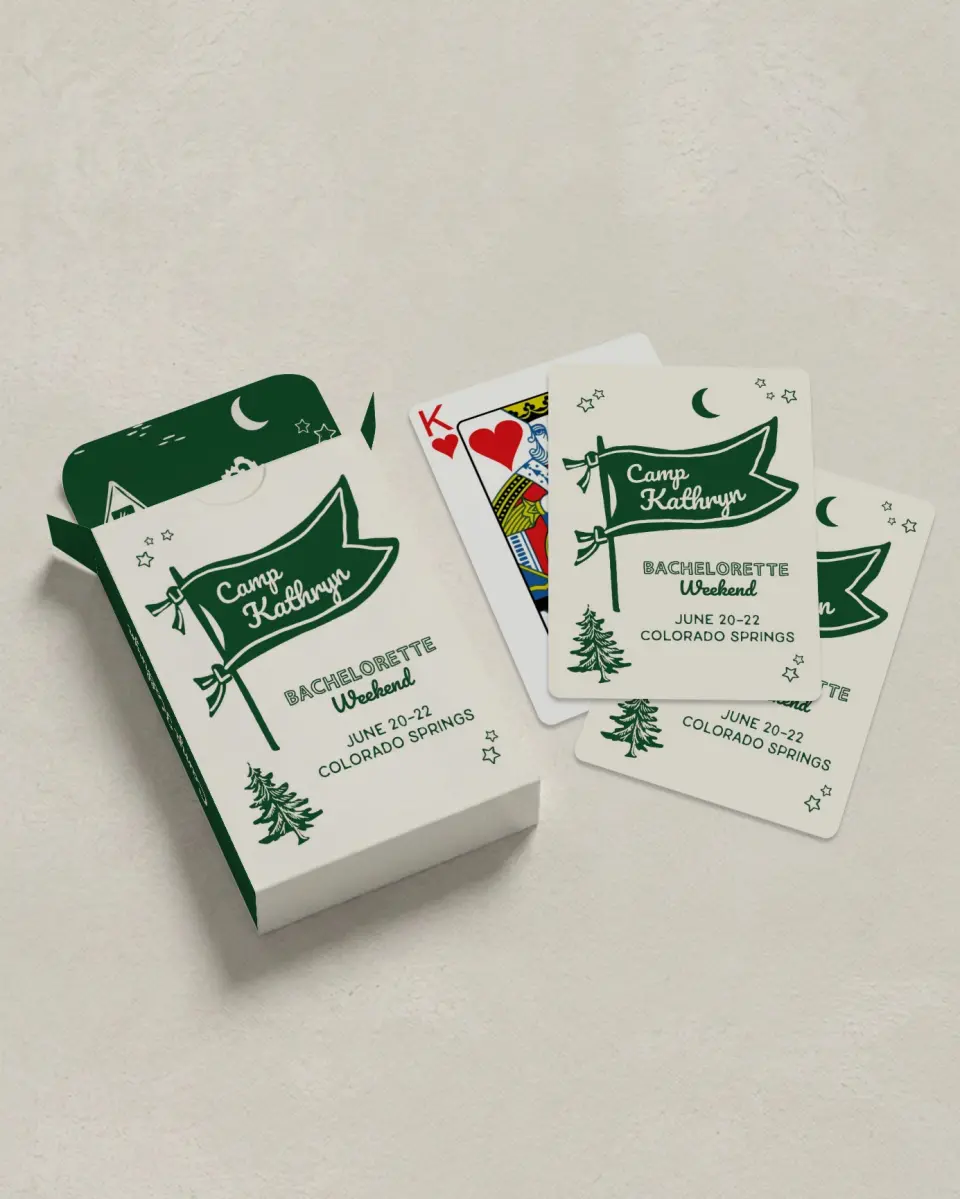 This is a 2.7" x 3.6" box; 2.5" x 3.5" card Wedding Playing Card called Camp Bach printed in full color
