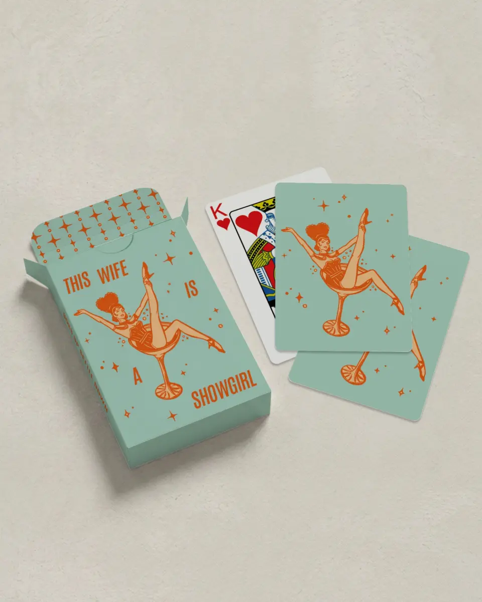 This is a 2.7" x 3.6" box; 2.5" x 3.5" card Wedding Playing Card called Wife of a Showgirl printed in full color
