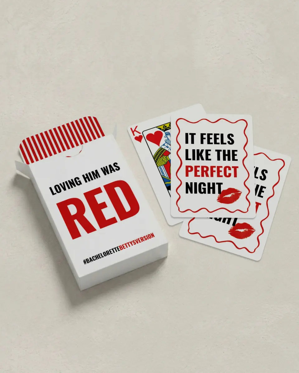 This is a 2.7" x 3.6" box; 2.5" x 3.5" card Wedding Playing Card called Loving Him Was Red printed in full color