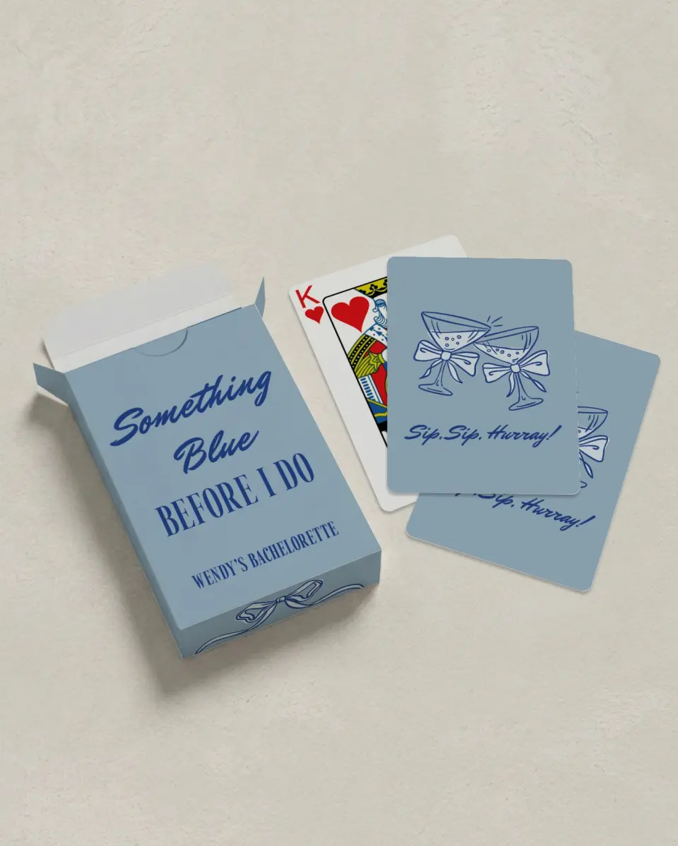 This is a 2.7" x 3.6" box; 2.5" x 3.5" card Wedding Playing Card called Something Blue Before I Do printed in full color