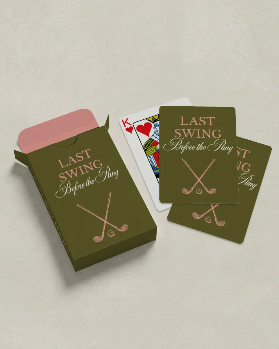 This is a 2.7" x 3.6" box; 2.5" x 3.5" card Wedding Playing Card called Last Swing printed in full color