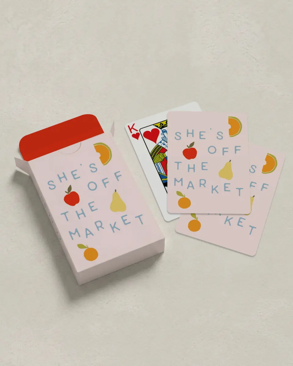 This is a 2.7" x 3.6" box; 2.5" x 3.5" card Wedding Playing Card called She's off the Market printed in full color