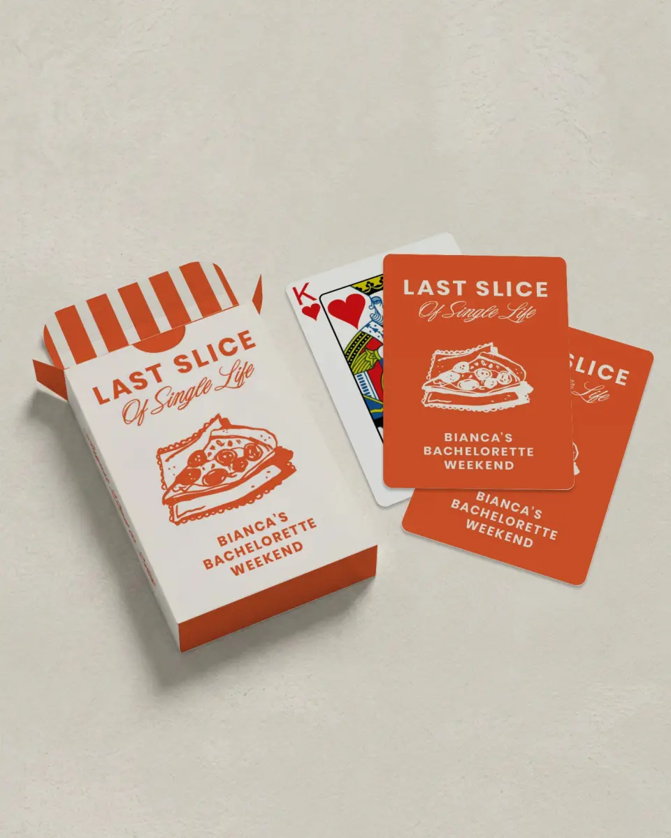 This is a 2.7" x 3.6" box; 2.5" x 3.5" card Wedding Playing Card called Last Slice of Single Life printed in full color