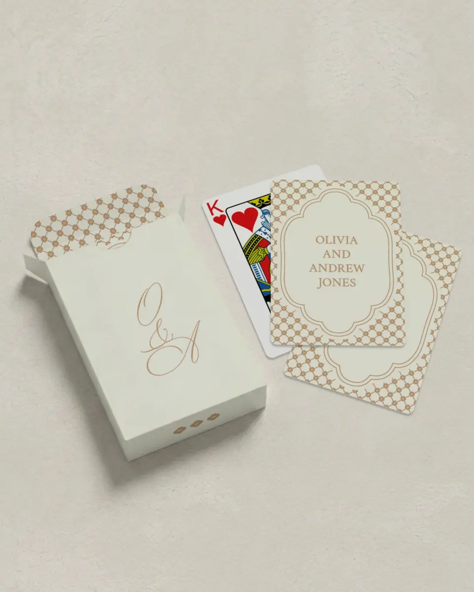 This is a 2.7" x 3.6" box; 2.5" x 3.5" card Wedding Playing Card called Beaded Veil printed in full color with Silver foil