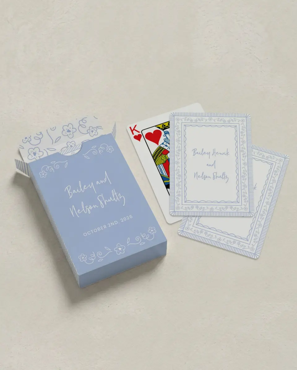 This is a 2.7" x 3.6" box; 2.5" x 3.5" card Wedding Playing Card called Framed in Flowers printed in full color with Silver foil