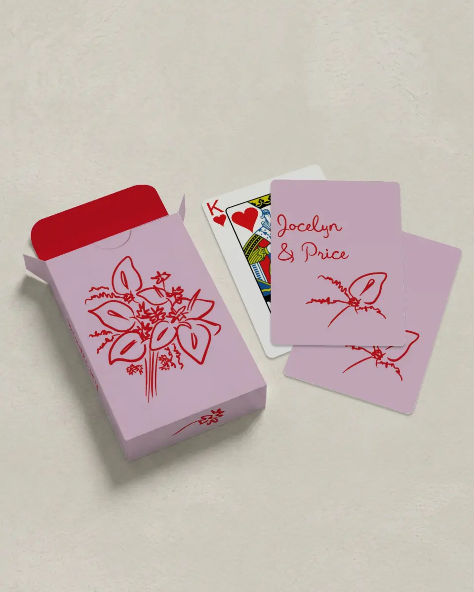 This is a 2.7" x 3.6" box; 2.5" x 3.5" card Wedding Playing Card called Flourishing Love printed in full color with Silver foil