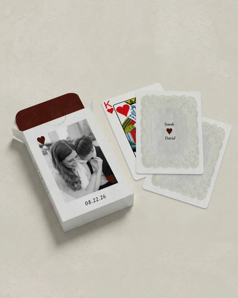 This is a 2.7" x 3.6" box; 2.5" x 3.5" card Wedding Playing Card called Trimmed Lace printed in full color with Silver foil