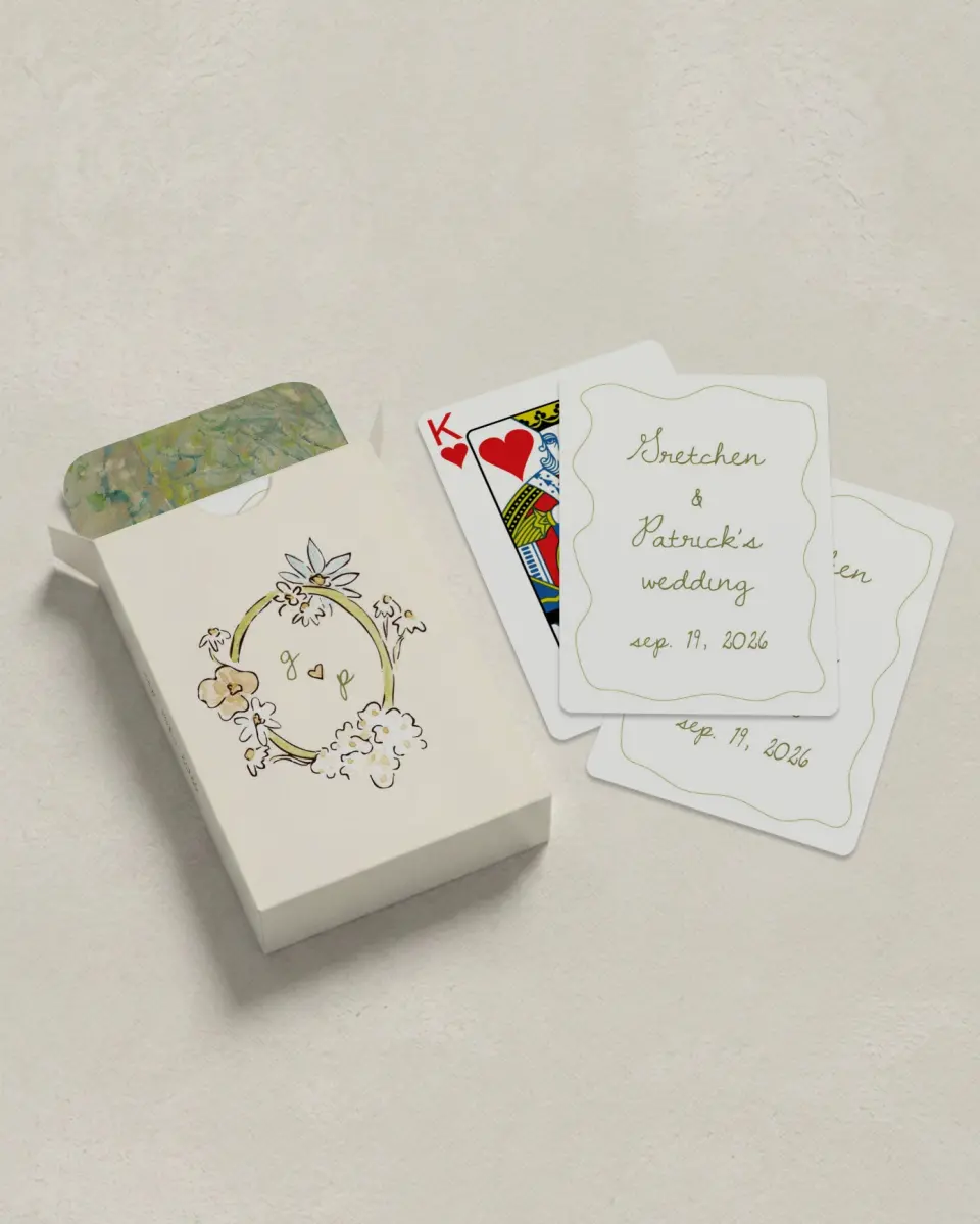 This is a 2.7" x 3.6" box; 2.5" x 3.5" card Wedding Playing Card called Soft Garden Vows printed in full color with Silver foil