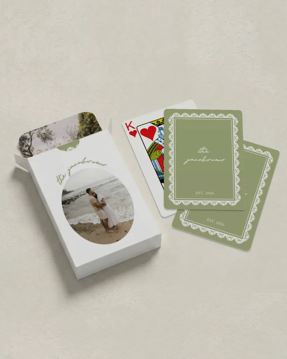 This is a 2.7" x 3.6" box; 2.5" x 3.5" card Wedding Playing Card called Verdant Romance printed in full color