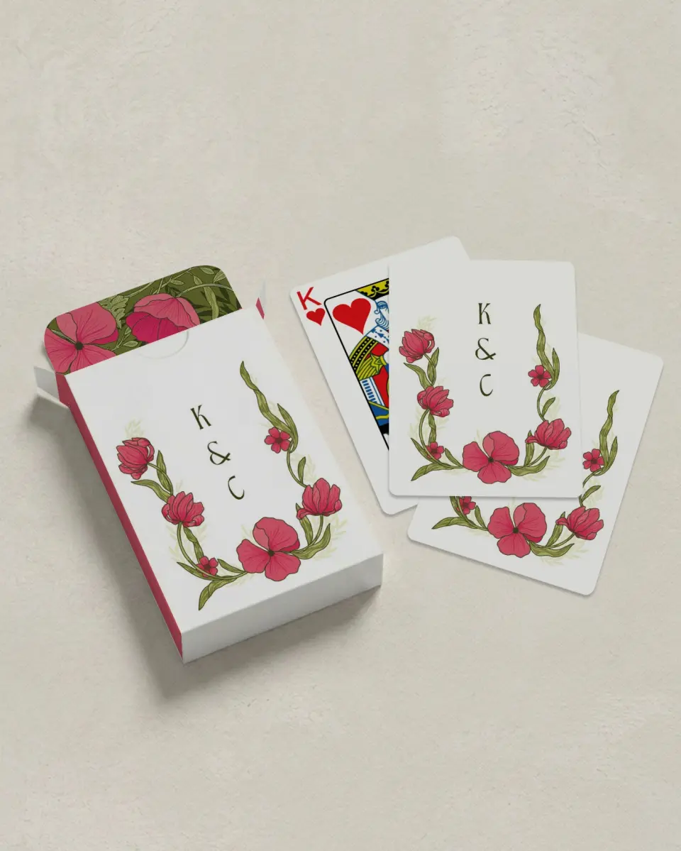 This is a 2.7" x 3.6" box; 2.5" x 3.5" card Wedding Playing Card called Nouveau Romance printed in full color with Silver foil