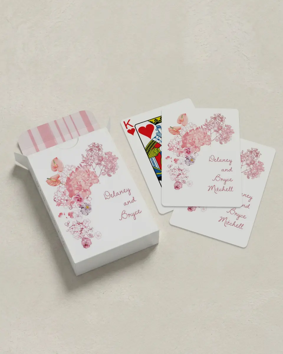 This is a 2.7" x 3.6" box; 2.5" x 3.5" card Wedding Playing Card called Blushing Whimsy printed in full color with Silver foil