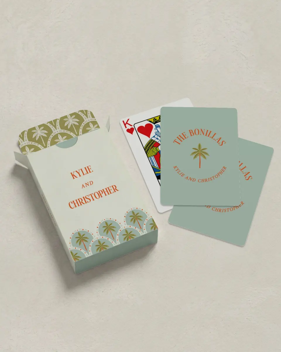 This is a 2.7" x 3.6" box; 2.5" x 3.5" card Wedding Playing Card called Tropical Treasure printed in full color with Silver foil
