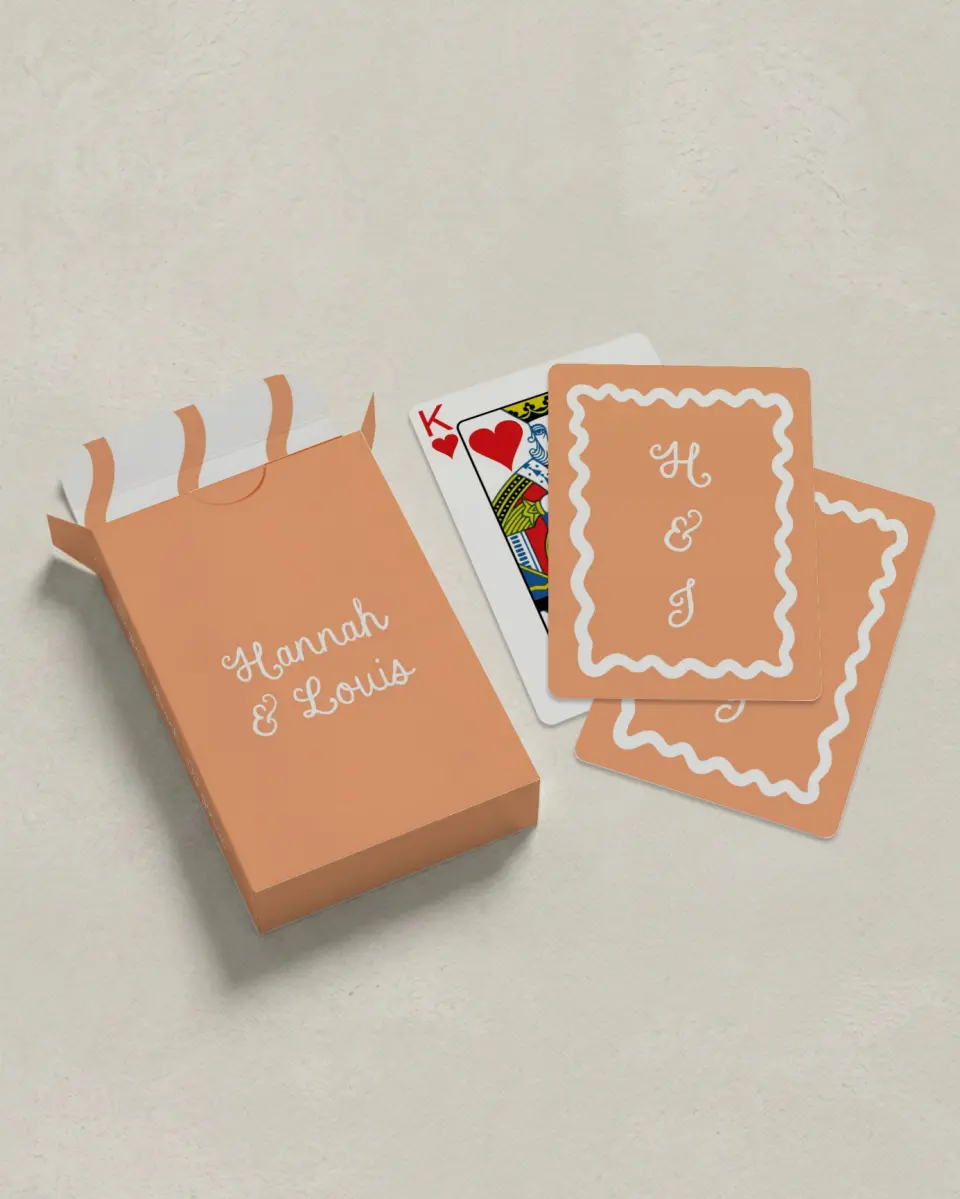 This is a 2.7" x 3.6" box; 2.5" x 3.5" card Wedding Playing Card called Wavy Love printed in full color