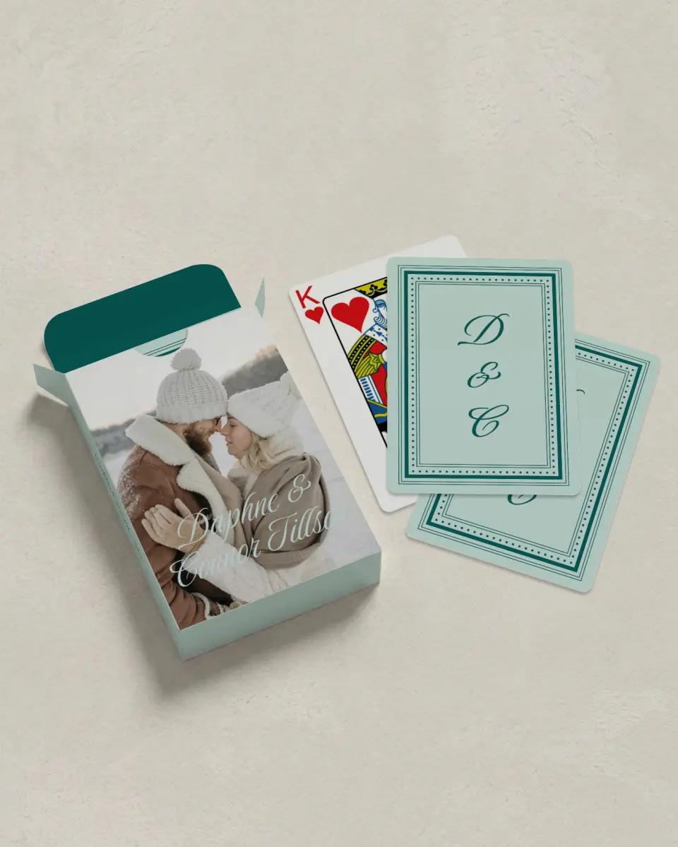 This is a 2.7" x 3.6" box; 2.5" x 3.5" card Wedding Playing Card called Faithful Frame printed in full color with Silver foil