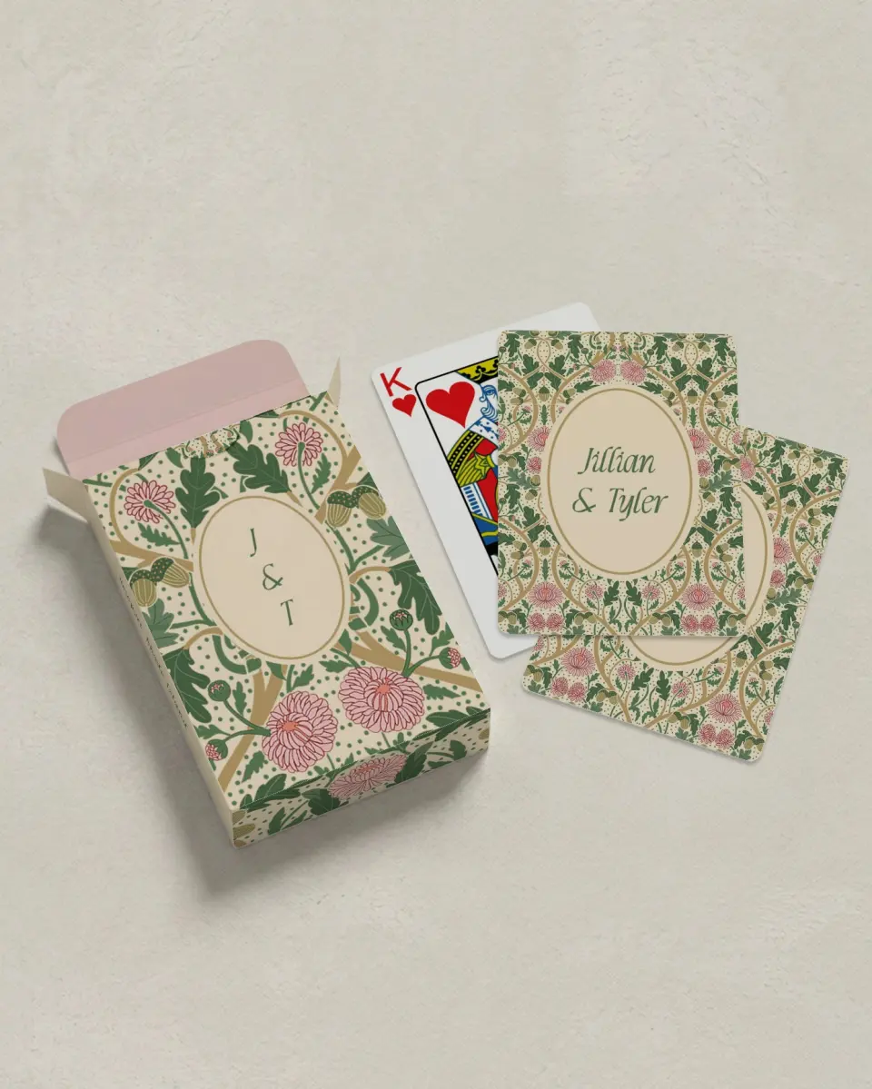 This is a 2.7" x 3.6" box; 2.5" x 3.5" card Wedding Playing Card called Regal Garden printed in full color