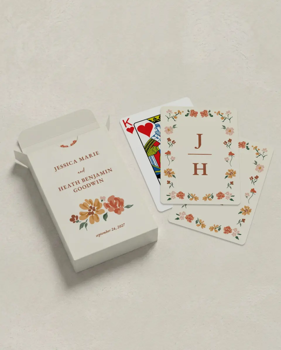 This is a 2.7" x 3.6" box; 2.5" x 3.5" card Wedding Playing Card called Plush Petals printed in full color