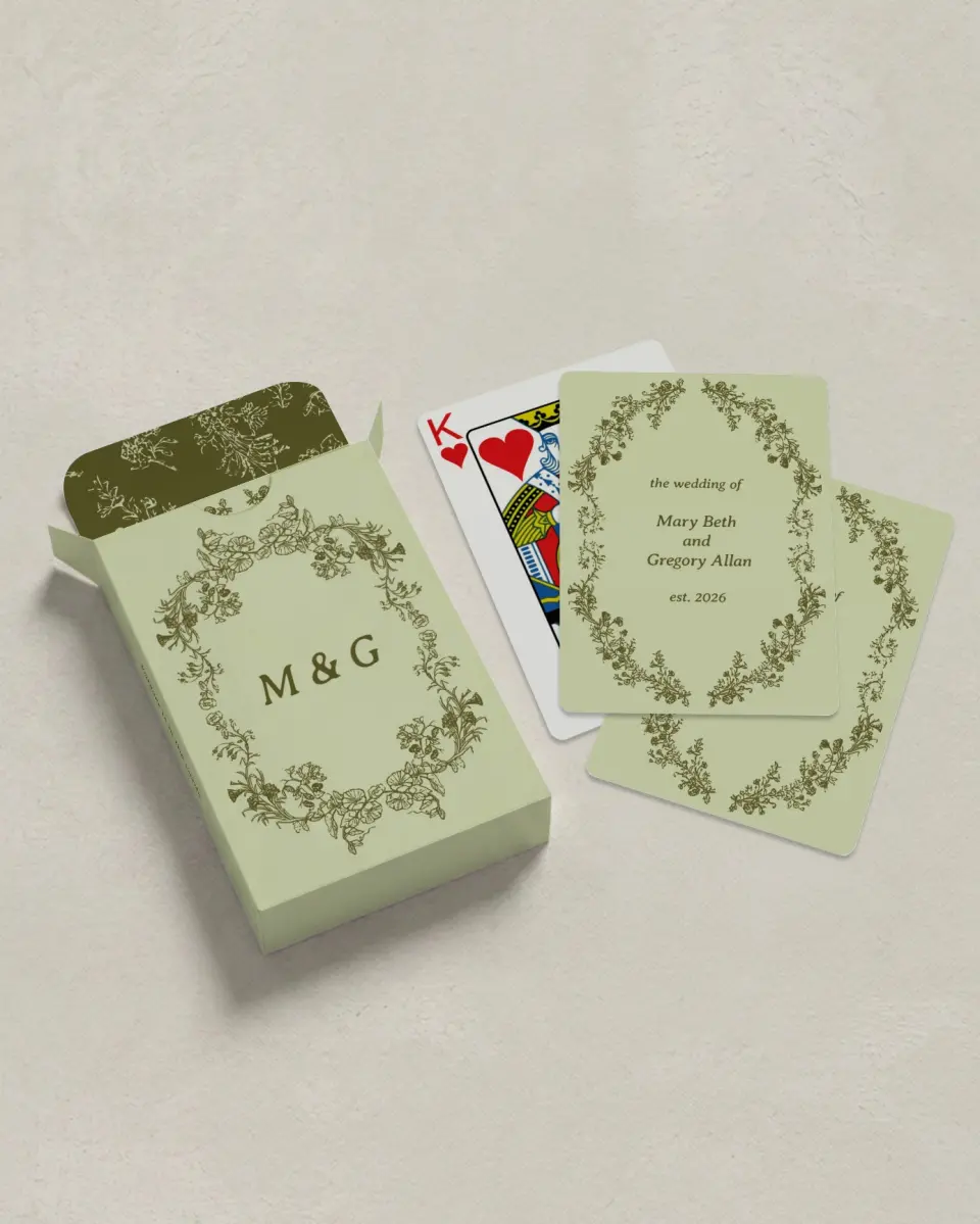 This is a 2.7" x 3.6" box; 2.5" x 3.5" card Wedding Playing Card called Vintage Chinoiserie printed in full color with Silver foil