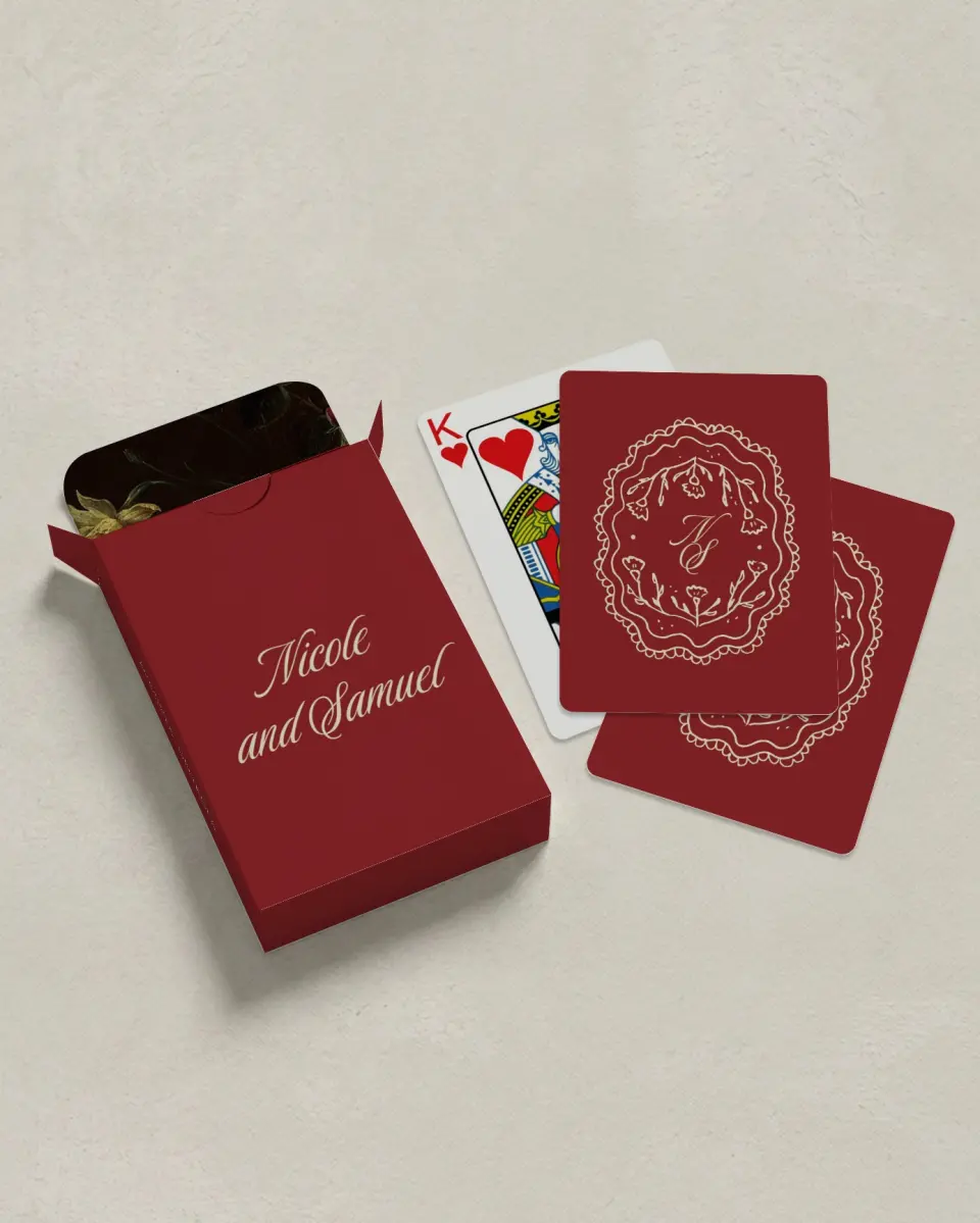 This is a 2.7" x 3.6" box; 2.5" x 3.5" card Wedding Playing Card called Bloom & Crest printed in full color with Silver foil