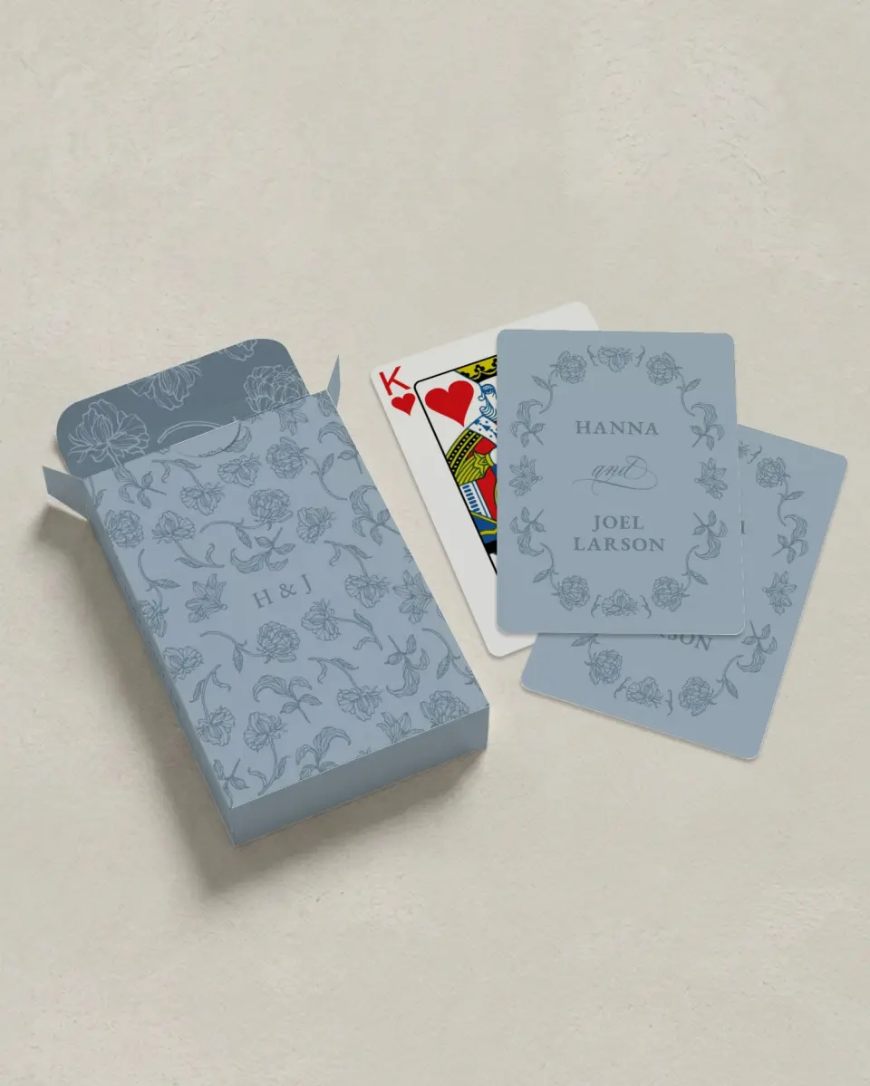 This is a 2.7" x 3.6" box; 2.5" x 3.5" card Wedding Playing Card called Pressed Petals printed in full color with Silver foil