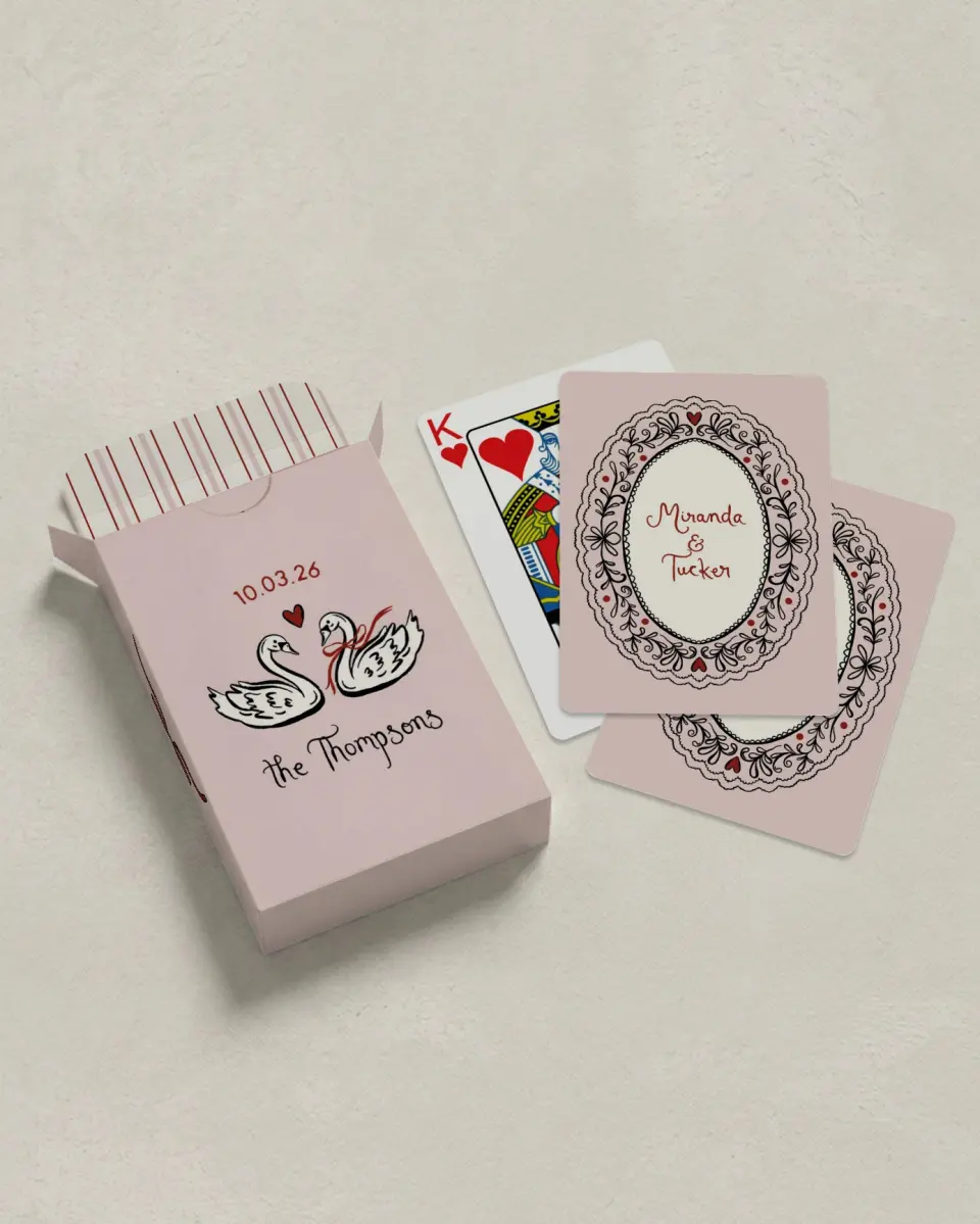 This is a 2.7" x 3.6" box; 2.5" x 3.5" card Wedding Playing Card called Sweet Swans printed in full color with Silver foil