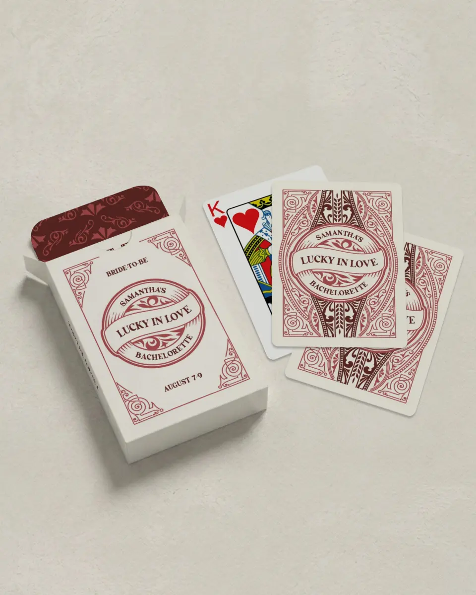This is a 2.7" x 3.6" box; 2.5" x 3.5" card Wedding Playing Card called Luxe Luck printed in full color