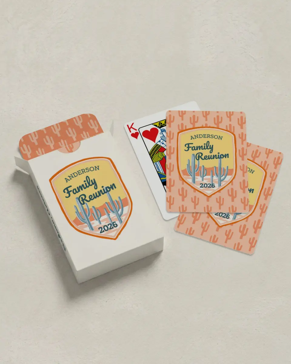 This is a 2.7" x 3.6" box; 2.5" x 3.5" card Wedding Playing Card called Dreamy Desert printed in full color with Rose Gold foil