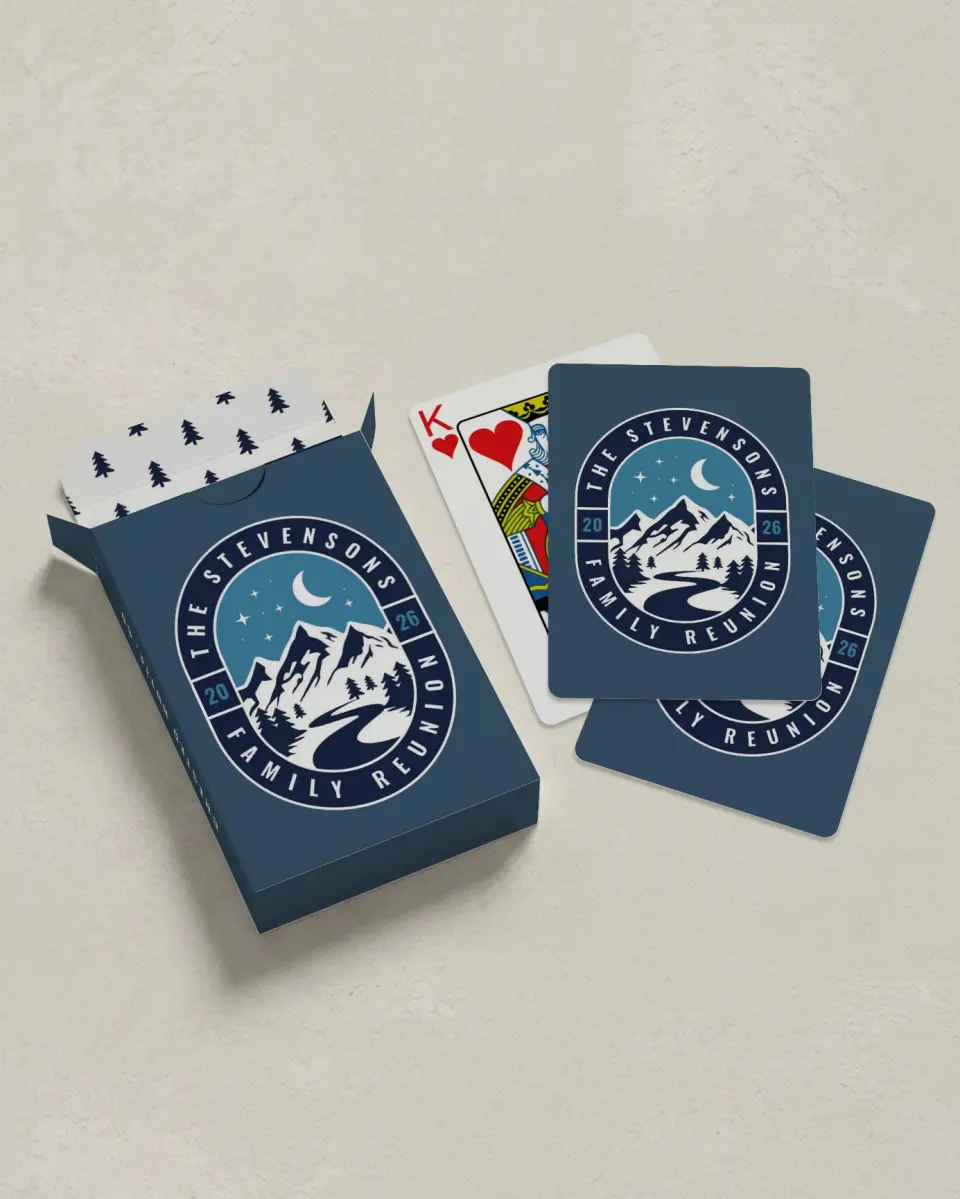This is a 2.7" x 3.6" box; 2.5" x 3.5" card Wedding Playing Card called Mountain Badge printed in full color