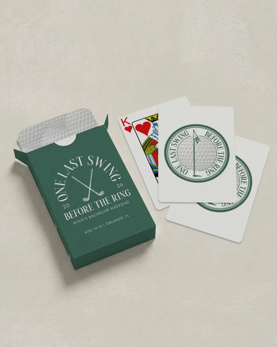 This is a 2.7" x 3.6" box; 2.5" x 3.5" card Business Playing Card called One Last Swing printed in full color