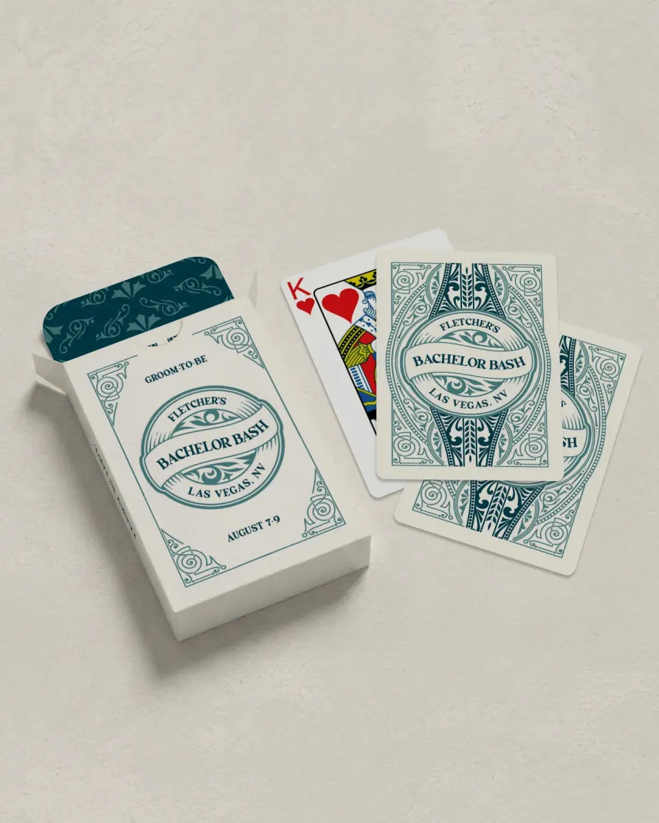 This is a 2.7" x 3.6" box; 2.5" x 3.5" card Business Playing Card called Bachelor Bash printed in full color