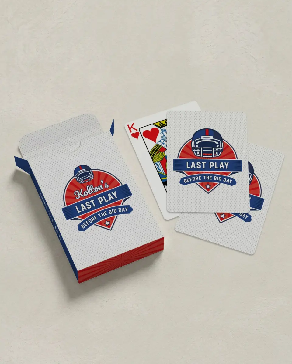 This is a 2.7" x 3.6" box; 2.5" x 3.5" card Business Playing Card called Last Play printed in full color