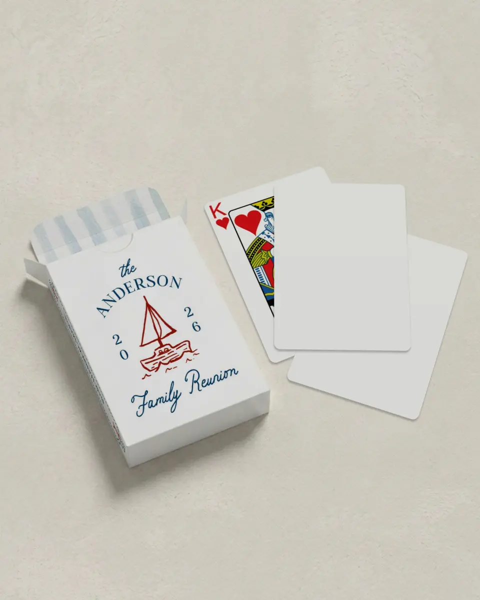 This is a 2.7" x 3.6" box; 2.5" x 3.5" card Business Playing Card called Seas the Reunion printed in full color with Gold foil