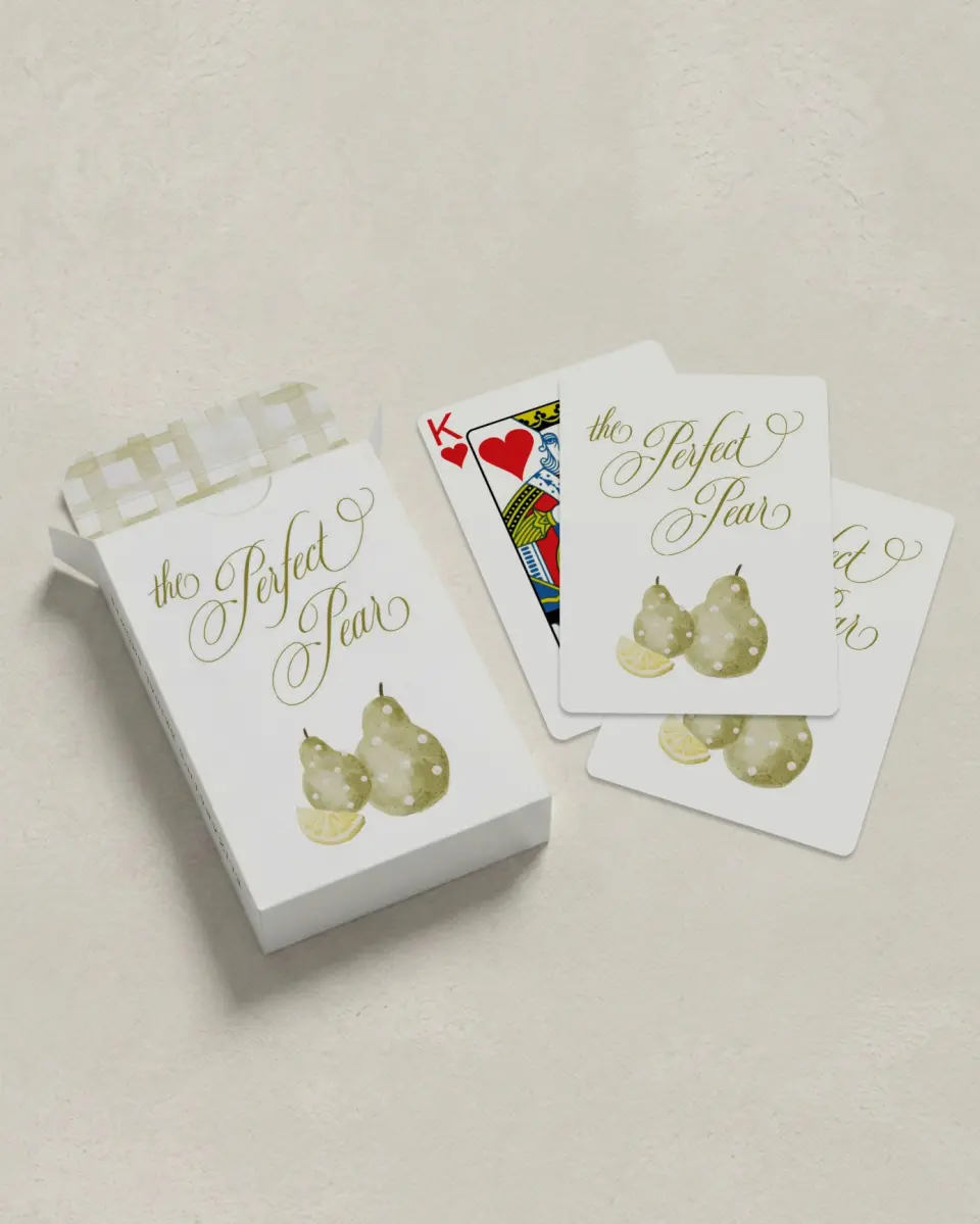 This is a 2.7" x 3.6" box; 2.5" x 3.5" card Wedding Playing Card called Perfect Pear printed in full color