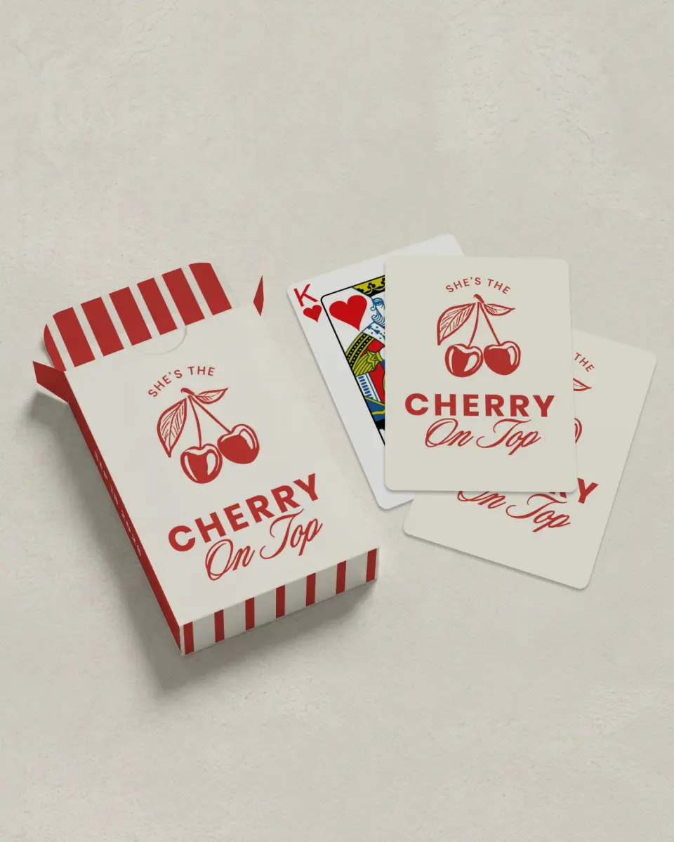 This is a 2.7" x 3.6" box; 2.5" x 3.5" card Wedding Playing Card called Cherry on Top printed in full color with Silver foil