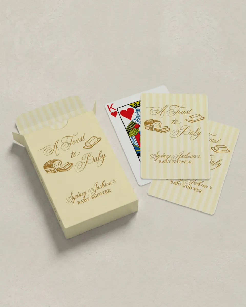 This is a 2.7" x 3.6" box; 2.5" x 3.5" card Wedding Playing Card called Toast to Baby printed in full color