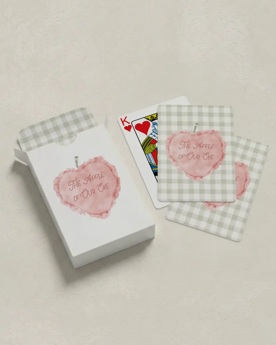 This is a 2.7" x 3.6" box; 2.5" x 3.5" card Wedding Playing Card called Apple of Our Eye printed in full color